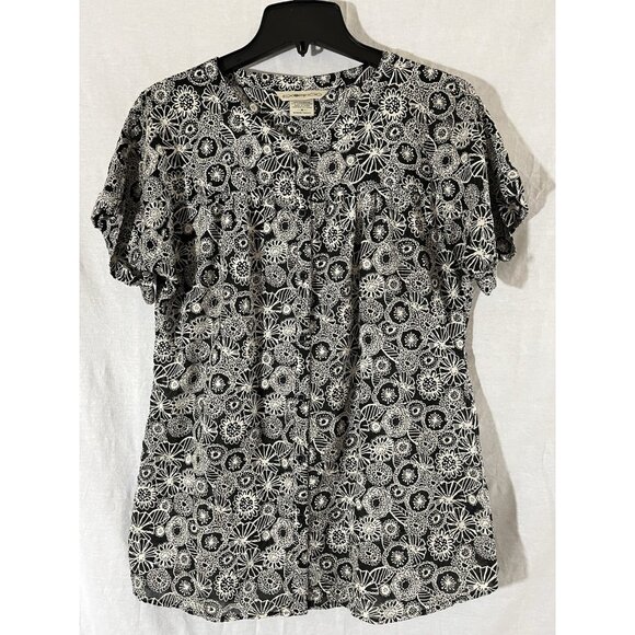 ExOfficio Women's Medium Black And White Floral Short Sleeve Blouse - Picture 1 of 6